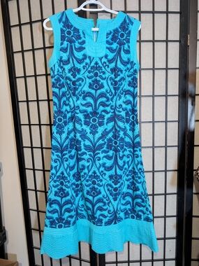 Sleeveless Turquoise Blue Patterned A-Line Dress (M)